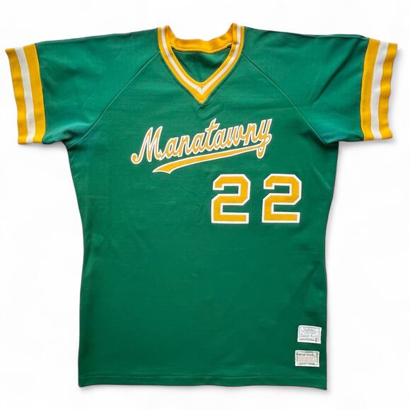 True Vintage Sand Knit Medalist Manatawny Baseball Jersey Green Yellow L 70s 22 - Picture 1 of 11